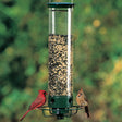 Droll Yankees Squirrel-Proof Flipper Bird Feeder with birds perching on its circular perch, featuring four feeding ports and a motorized, squirrel-deterring spinning mechanism.