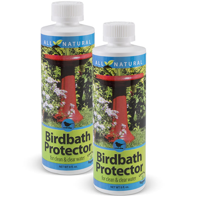 8 oz. Bird Bath Protector, Set of 2, showing two bottles of liquid cleaner designed to prevent algae and mineral buildup in birdbaths.