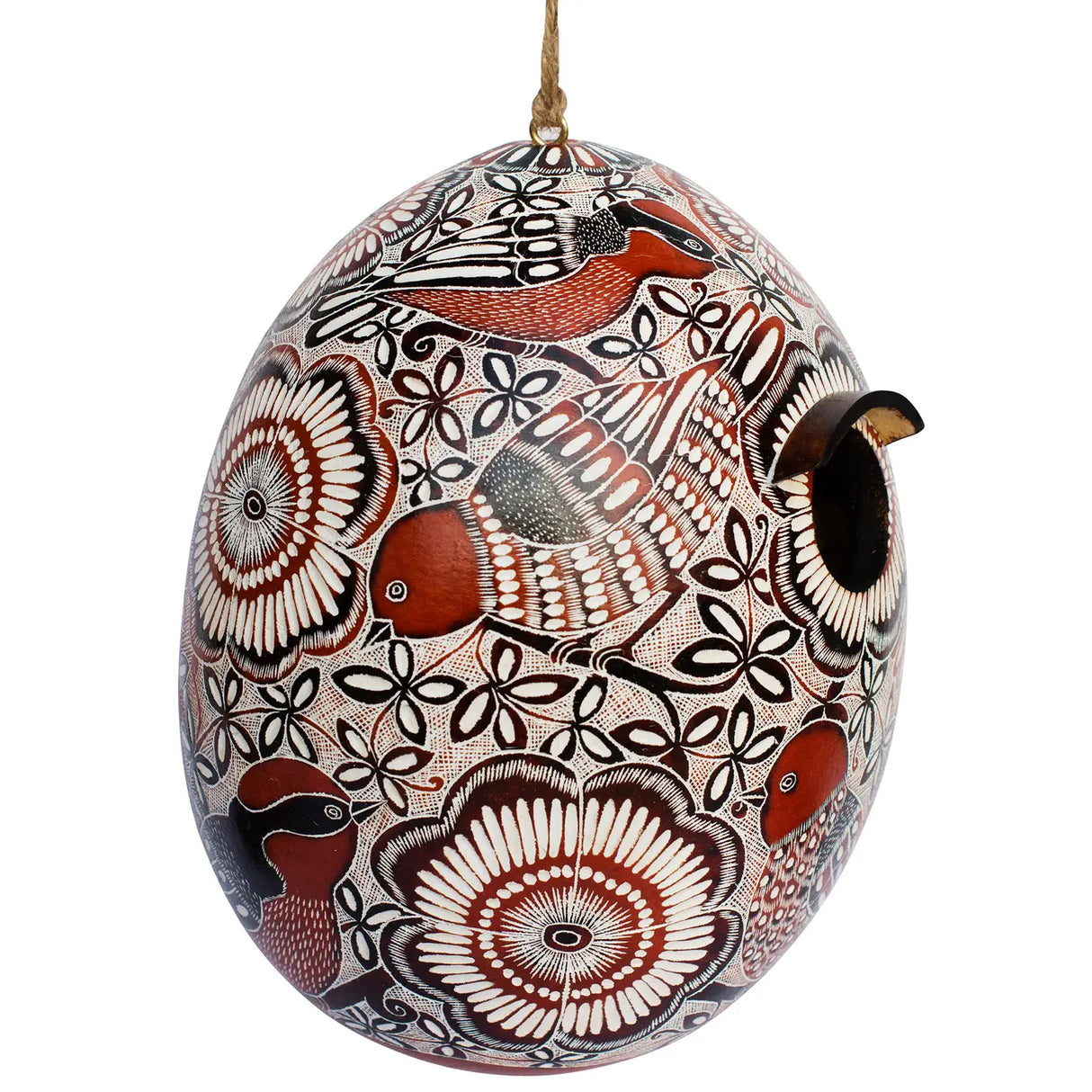 Lace Birds Gourd Birdhouse features a decorative egg-shaped design with carved bird motifs, ideal for small birds, ready to hang.