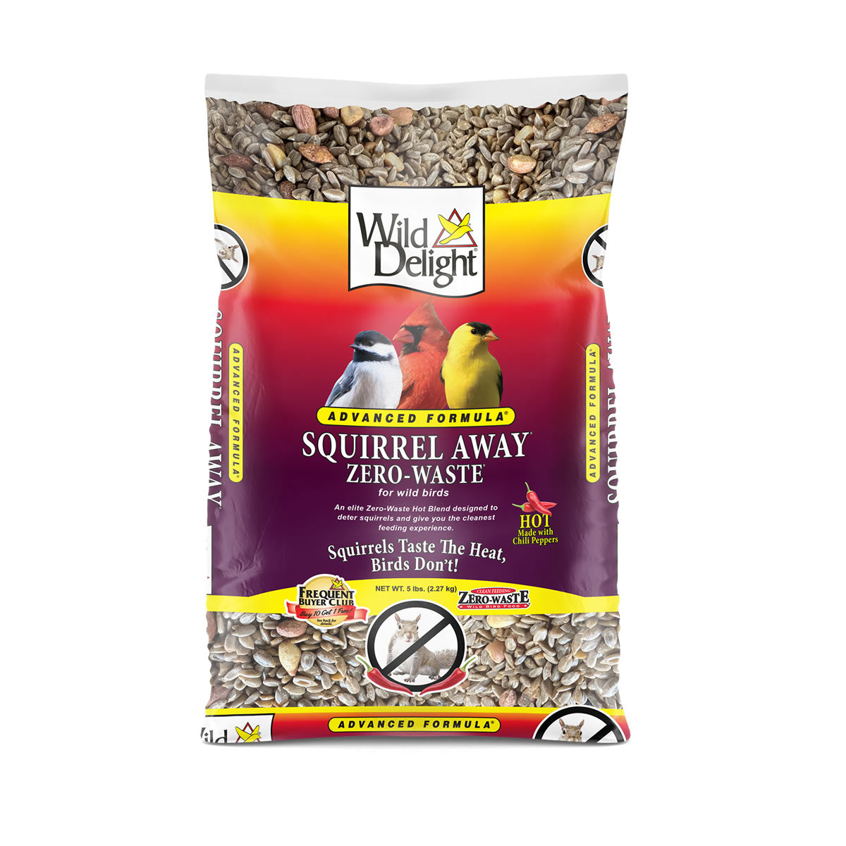 Wild Delight Squirrel Away Zero Waste Blend 5 lbs. bag, featuring chili pepper seasoning, designed to attract birds and repel squirrels, with visible bird images on packaging.