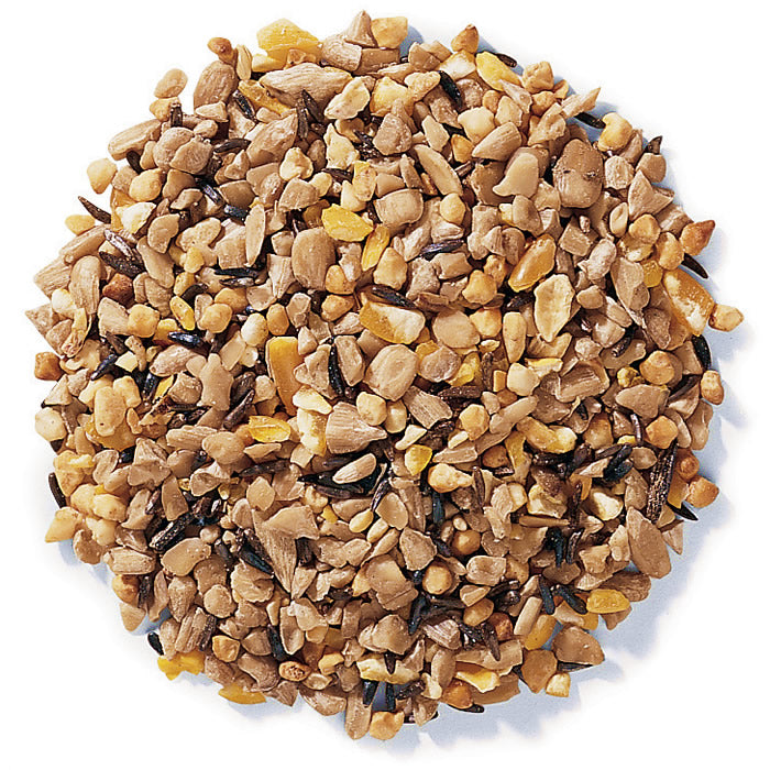 Duncraft Super No-Waste Blend Wild Bird Seed, 5-lb bag; a mixture of hulled seeds, including sunflower hearts, peanut bits, cracked corn, and Nyjer seed.