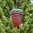 Acorn Shaped Mesh Feeder, Red, designed for small clinging birds, featuring a durable resin cap and metal mesh for easy feeding and cleaning.