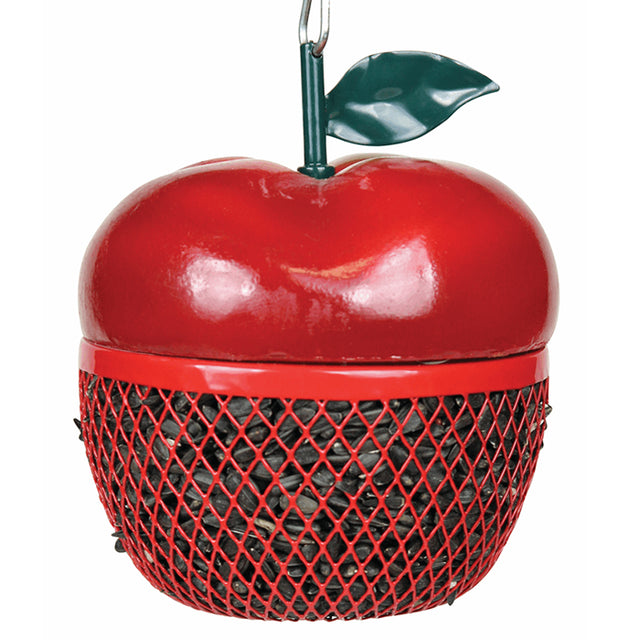 Apple Mesh Bird Feeder with green leaf, designed for small birds, features 360-degree feeding area and easy top opening for refilling.