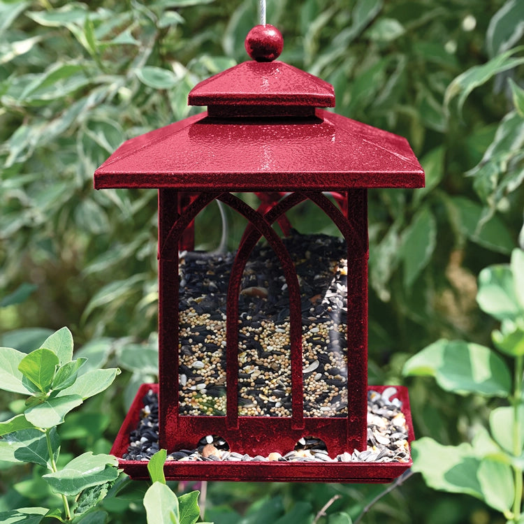 Arched Window Bin Feeder filled with seeds, featuring side windows for visibility, designed to attract various birds when hung outdoors.