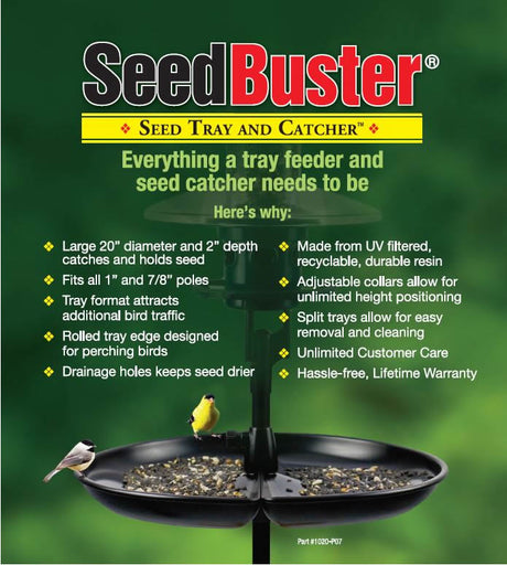 Brome Seed Buster Seed Tray and Catcher with built-in drainage, adjustable collars, and a wraparound perch, featuring a bird perched on the feeder.