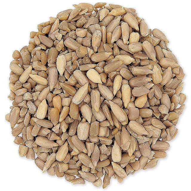 Duncraft Medium Sunflower Chips Bird Seed, 5-lb bag; a pile of hulled, medium-sized sunflower seeds ideal for easy, no-waste bird feeding.