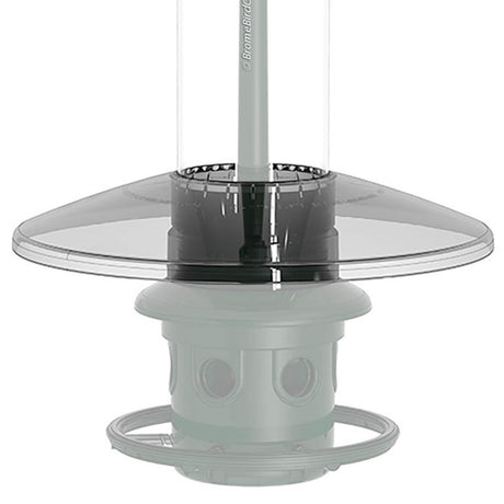 Brome Squirrel Buster Weather Guard: A clear plastic cylinder with a round base designed to protect birdseed from wet weather, fits above the Squirrel Buster Plus feeder.