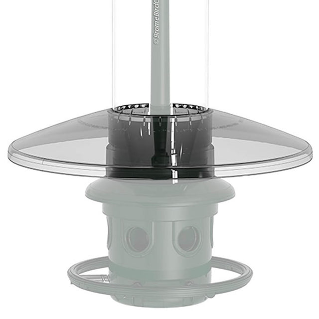 Brome Squirrel Buster Weather Guard: A clear plastic cylinder with a round base designed to protect birdseed from wet weather, fits above the Squirrel Buster Plus feeder.