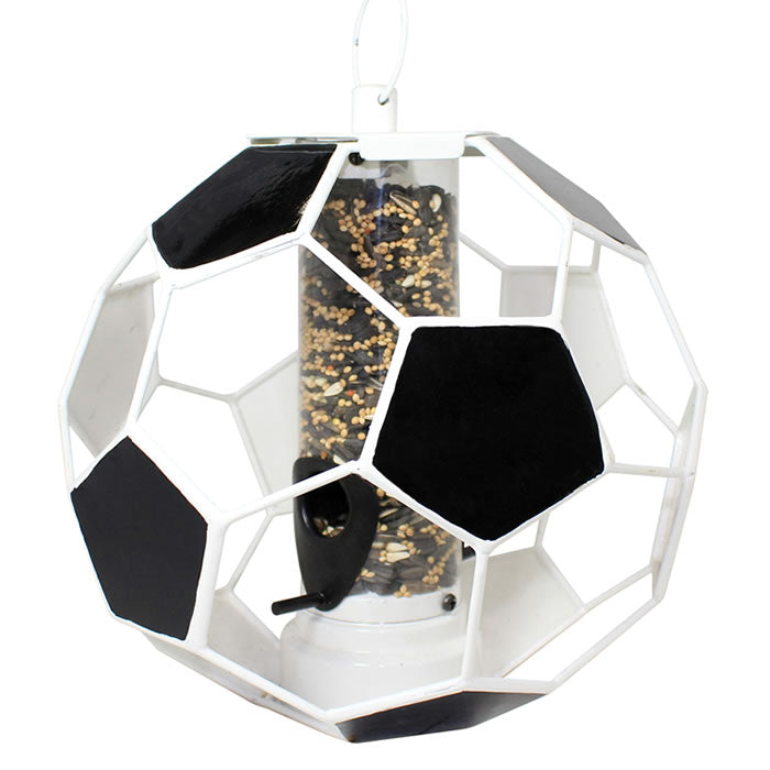 Soccer Ball Seed Feeder: A soccer ball-shaped bird feeder with fly-through openings, clear plastic tube, two feeding ports, perches, S-hook, and weather-resistant finish.