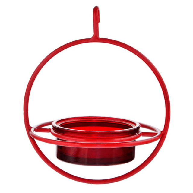 Red Hanging Sphere Feeder with Perch, featuring a durable glass dish for bird food, secured in a steel frame, designed to attract various bird species.