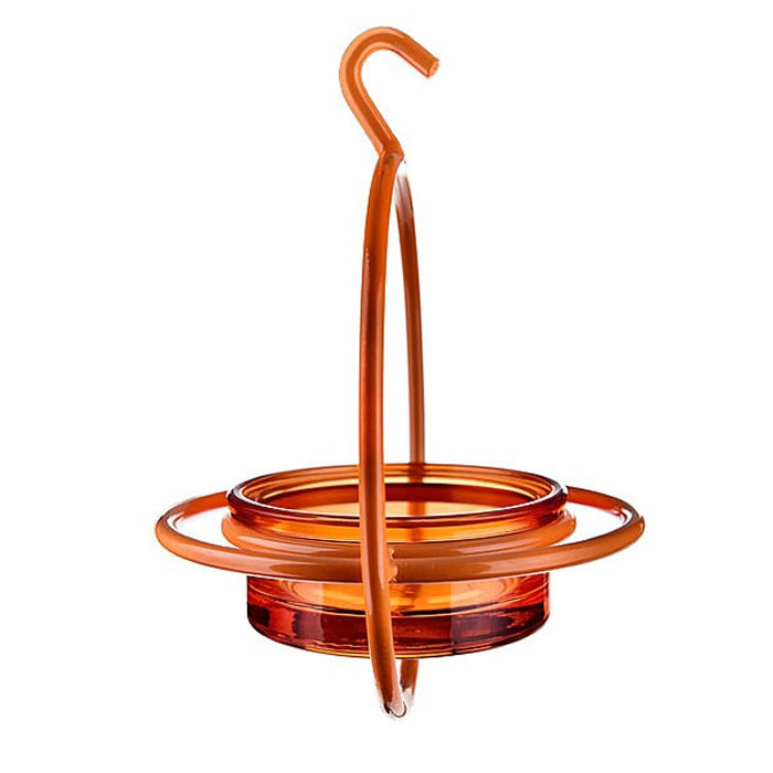 Orange Hanging Sphere Feeder with Perch featuring a glass dish in a sturdy steel frame, designed for attracting various birds with seeds or mealworms.