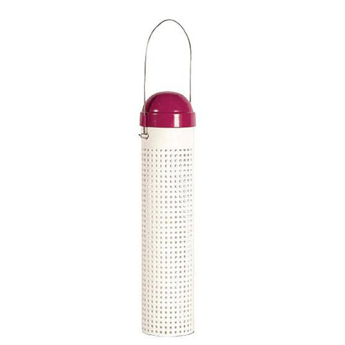 Finch Tube Feeder with Wild Orchid Cap, features a white tube, all-metal construction, and a colorful cap that lifts for easy filling.