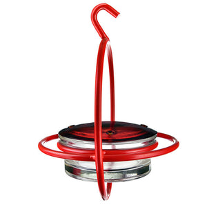 Hummble Garden Stake & Hummingbird Feeder: A bird feeder with a hook attached to a decorative garden stake, adjustable in height, designed to attract hummingbirds.