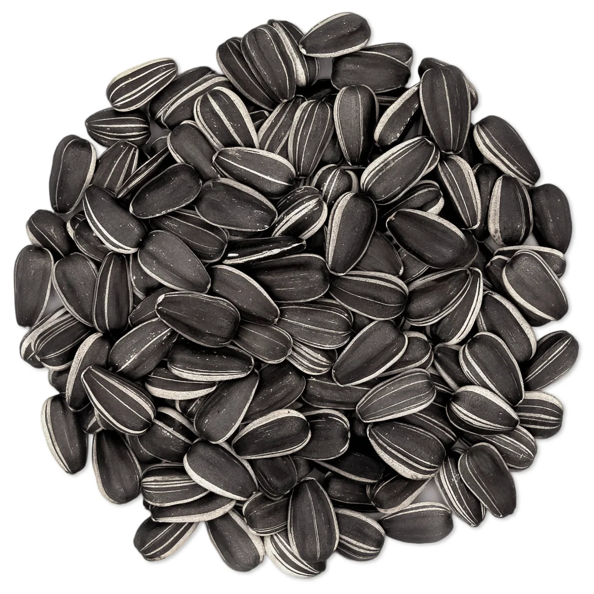 Striped Sunflower Wild Bird Seed, 5-lb bag; close-up of large, plump striped sunflower seeds, ideal for attracting cardinals and grosbeaks to feeders.