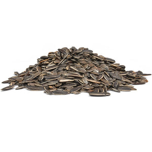 Striped Sunflower Wild Bird Seed, 5-lb bag, featuring a pile of large, plump striped sunflower seeds ideal for attracting cardinals, grosbeaks, and jays.