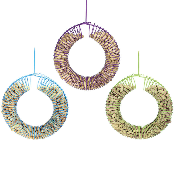 Wreath Peanut Feeder with circular design, filled with whole peanuts. Features spring-form coils for easy bird clinging. Holds up to 1.5 lbs. of peanuts.