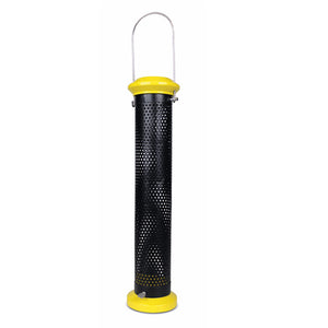 Mesh Tube Finch Feeder with a black cylindrical mesh body and yellow accents, designed for hanging or pole mounting, holds 1.2 lbs of seed.