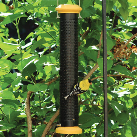 Mesh Tube Finch Feeder featuring a yellow bird perched on it, demonstrating its functionality and appeal for attracting vibrant finches to outdoor spaces.