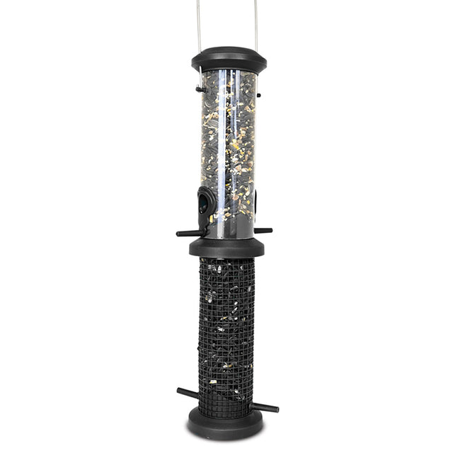 2 in 1 Tube Feeder with black mesh cage and poly-plastic tube, designed for peanuts, sunflower seeds, and suet, ideal for chickadees and finches.