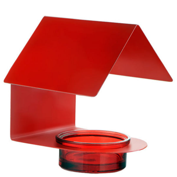 Red Metal & Glass House Bird Feeder with a roof, featuring side openings, a removable glass dish, and a pre-drilled hole for easy mounting.