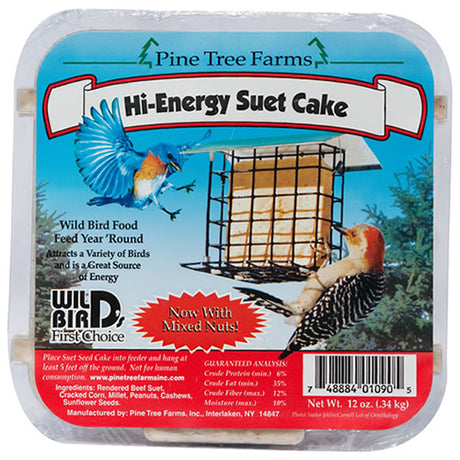 High Energy Suet, 12 Cakes: Package shows bird food, blue bird, feeder, and ingredients like sunflower seed, white millet, cracked corn, peanuts, and cashews.