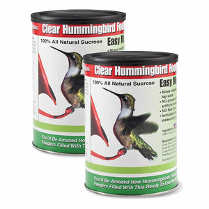 Clear Hummingbird Food: Two containers with a close-up of a hummingbird, showcasing the easy-to-mix, 100% natural sucrose nectar for healthy feeding.