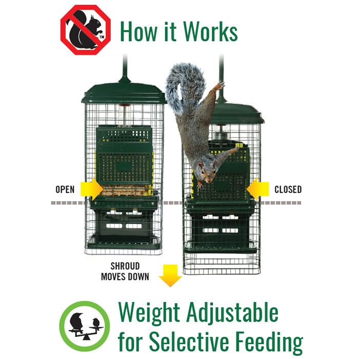 Brome Squirrel Buster Suet Feeder with a weight-sensitive metal sleeve preventing squirrels from accessing the suet, featuring an easy-fill green metal mesh sleeve.