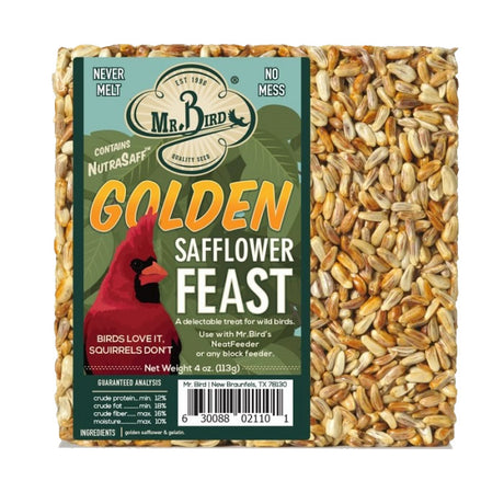 Golden Safflower Feast Block Small, Set of 3, featuring a seed block with a red bird illustration, ideal for attracting cardinals and grosbeaks.