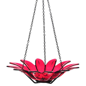 12 Glass Daisy Bird Bath or Feeder, Red, featuring daisy-shaped petals and a hanging chain, perfect for attracting various birds to your garden.