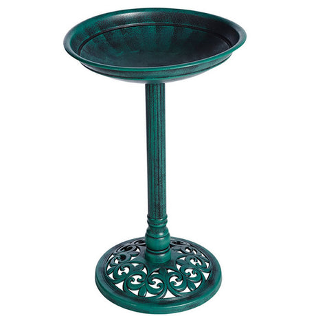 Gardman Verdigris Bird Bath with pedestal, featuring a textured flower pattern basin. Lightweight resin, 20-inch diameter, 28-inch height, includes ground pegs for stability.