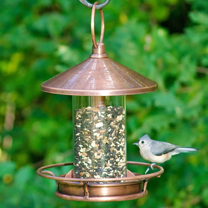 Classic Perch Bird Feeder with copper finish, featuring multiple perching spots and a large seed reservoir, with a bird actively feeding.