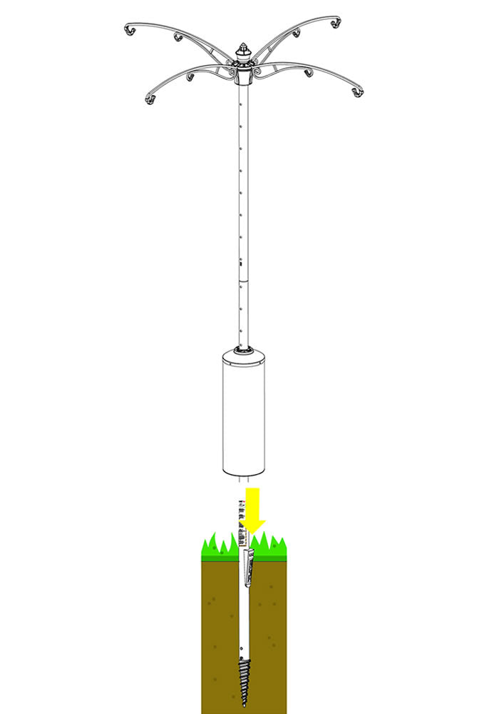 Brome Raccoon Buster® Guardian Pole System: drawing depicts a sturdy pole and grass, designed to protect bird feeders from raccoons and squirrels.