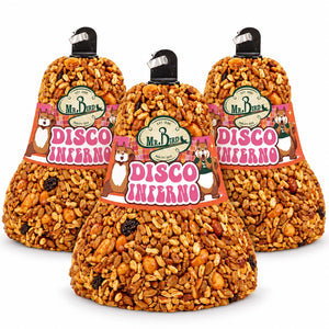 Three Mr. Bird Disco Inferno bird food bells with orange and pink labels on a white background.