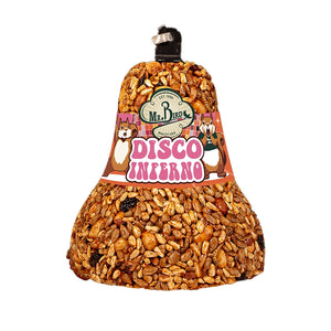 Mr. Bird Disco Inferno bird food bell with an orange and pink label on a white background.