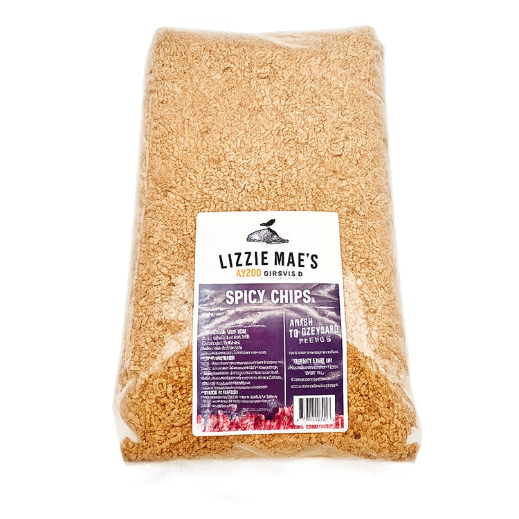 Packaged spicy chips with Lizzie Mae's label on a white background