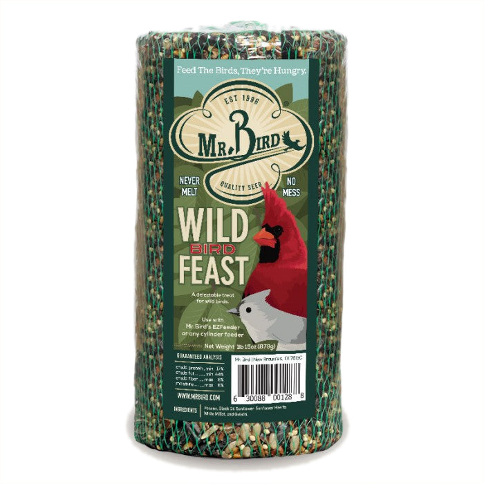 Wild Bird Feast Cylinder Small, close-up view of a seed log with a red bird on the packaging, designed to attract various bird species.