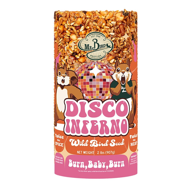 Disco Inferno Cylinder Small package featuring cartoon squirrels and a disco ball, designed to attract birds with a spicy seed blend while deterring squirrels.