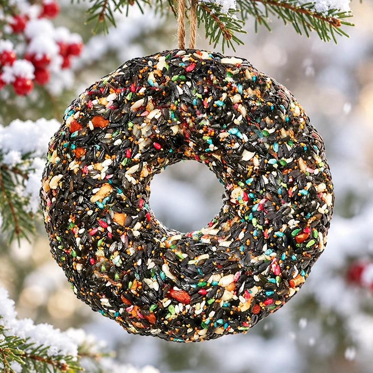 Birdseed wreath hanging from a snow-covered evergreen branch with red winter berries in a beautiful snowy backyard setting.