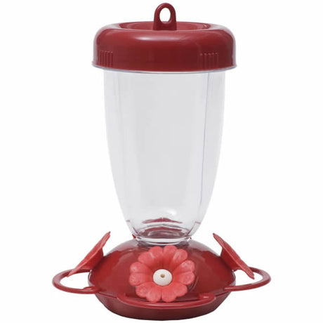 Perky's Finest Plastic Top Fill Feeder with red lid, shatterproof plastic bottle, four feeding stations, and built-in ant moat for easy hummingbird feeding.