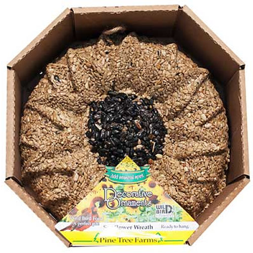 Sunflower Seed Wreath featuring a blend of sunflower hearts and black-oil sunflower seeds, with a natural jute hanger, perfect for attracting birds to your yard.