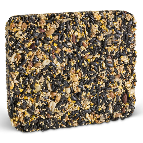 Superior Blend Seed Cake: square-shaped seed block with various grains, designed to attract diverse birds like cardinals and chickadees. Suitable for ground, platform, or seed cake feeders.