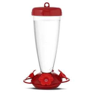 Top Fill Red Petunia Flower Hummingbird Feeder with clear reservoir, red lid, and petal-shaped feeding ports, featuring an ant moat and S-hook for easy hanging.