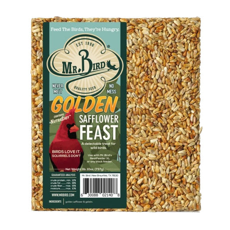 Golden Safflower Feast Block Large package, featuring a red bird, designed to attract birds and deter squirrels with premium safflower seeds.