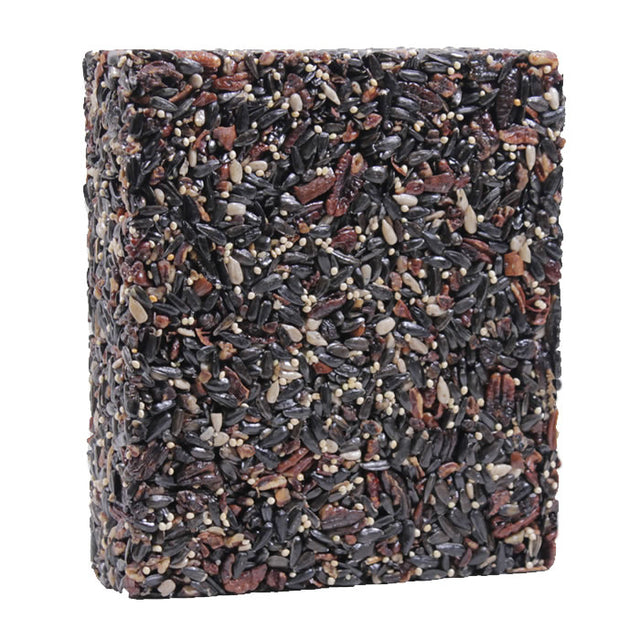 Mr. Bird Wildbird Nut Cake Block Large, a square treat with pecans, sunflower seeds, and white millet, perfect for attracting woodpeckers and nut-loving birds.