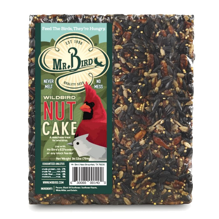 Mr. Bird Wildbird Nut Cake Block Large, featuring pecans, sunflower seeds, and millet, in a sealed package with a bird image on the front.