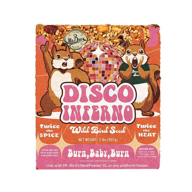 Disco Inferno Large Cake package featuring cartoon squirrels and a disco ball, designed to deter squirrels with an extra-spicy, bird-edible seed blend.