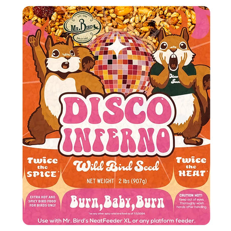 Mr. Bird’s Disco Inferno Large Cake label featuring dancing squirrels, disco ball, and spicy warnings for bird-only seed. Suitable for NeatFeeder XL or platform feeders.