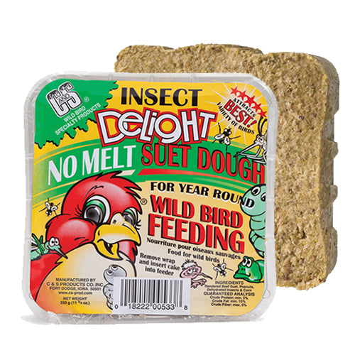 Insect Delight Suet Cakes close-up, showing packaging, a piece of suet with visible ingredients, and a label with a barcode.