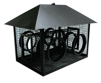 Sunflower Mesh Feeder with a black roof, mesh wiring, and six feeding ports for birds.