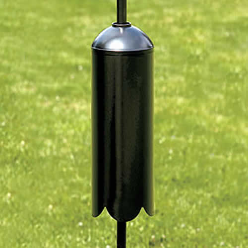 Squirrel Guard: black steel barrier on a pole, 16-3/4 inches tall, prevents squirrels from accessing bird feeders. Fits round and square poles.